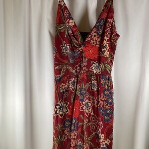 Angie Vintage Jumpsuit, Red Floral, Keyhole, Smocked Back, Boho, Wide Leg, W/L
